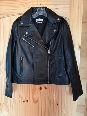 Mango Black Leather Asymmetric Moto Jacket